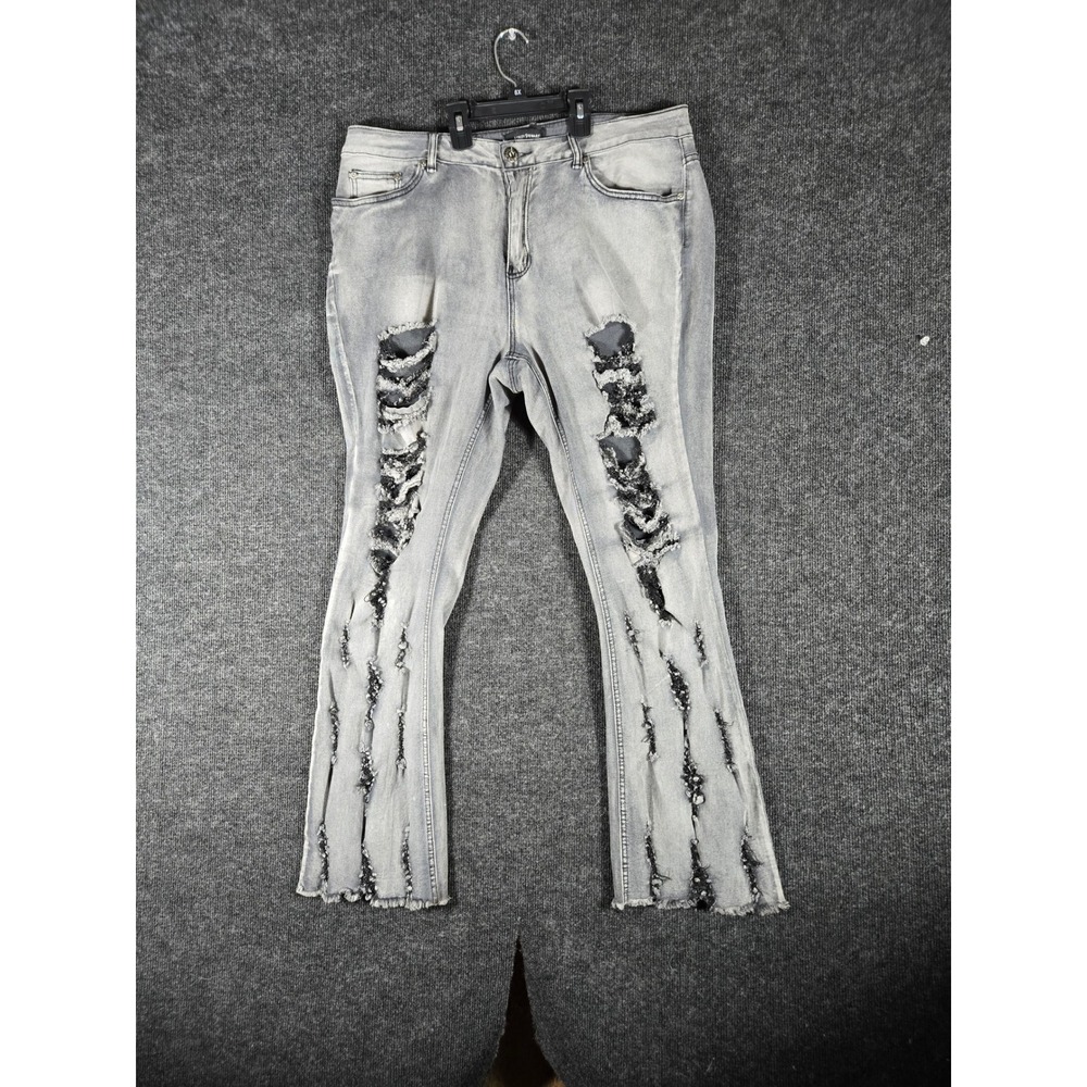 Ashley Stewart Womens 18 Distressed Flare Jeans Gray Shredded Ripped Raw Hem